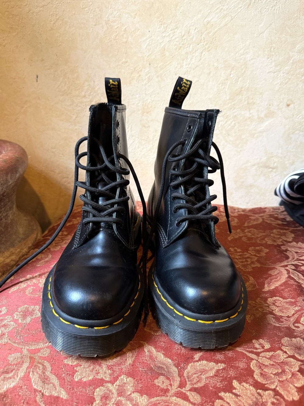 Black Leather Lace-Up Platform Boots with Yellow Stitching - Unbranded
